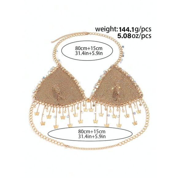 Golden Metal Mesh Festival, Rave, Party, Club Butterfly Charm Bra Top - Picture 5 of 6